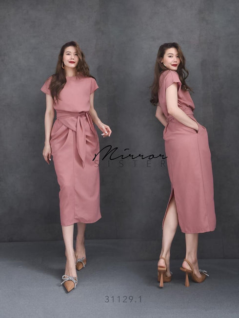 Women Classy Waist Tie Mid Length Back Slit Dresses